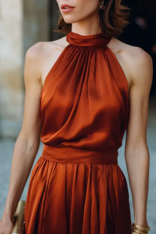 Short deep-orange silk dress with elegant draping across bodice, high neckline, soft pleated skirt, luxurious silk texture