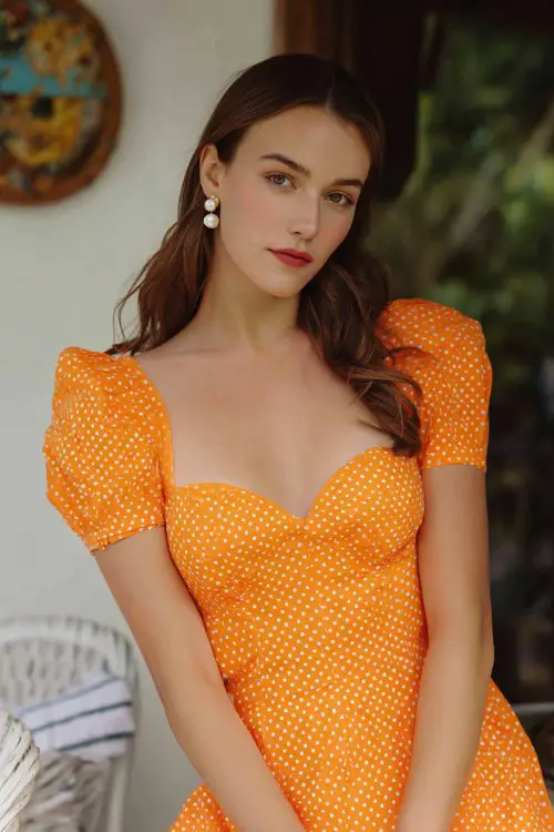 Short orange dress with subtle ivory polka dot pattern, sweetheart neckline, puff sleeves, fit-and-flare silhouette