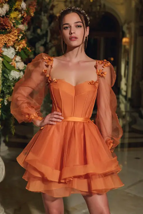 Short pumpkin orange organza dress with voluminous layered skirt, structured corset bodice, sheer puff sleeves, soft organza transparency