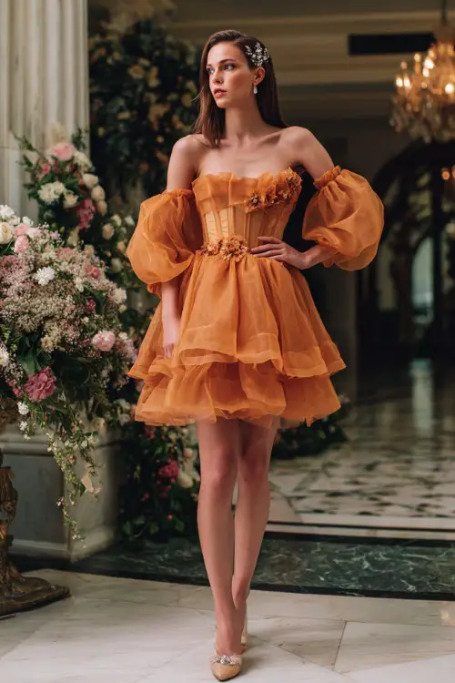 Short pumpkin orange organza dress with voluminous layered skirt, structured corset bodice, sheer puff sleeves