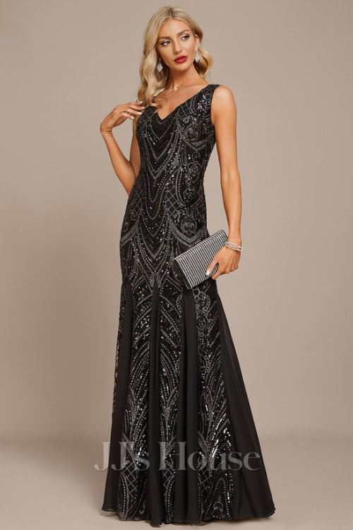 Trumpet_Mermaid V-Neck Floor-Length Chiffon Sequin Evening Dress