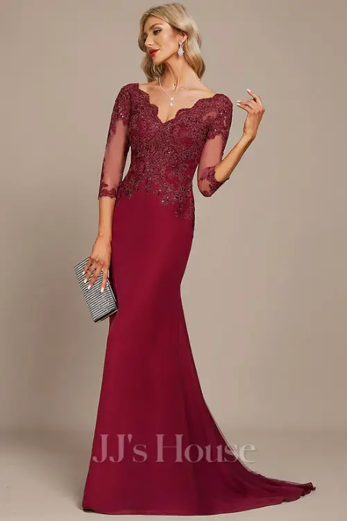 Trumpet_Mermaid V-Neck Sweep Train Lace Chiffon Evening Dress With Sequins