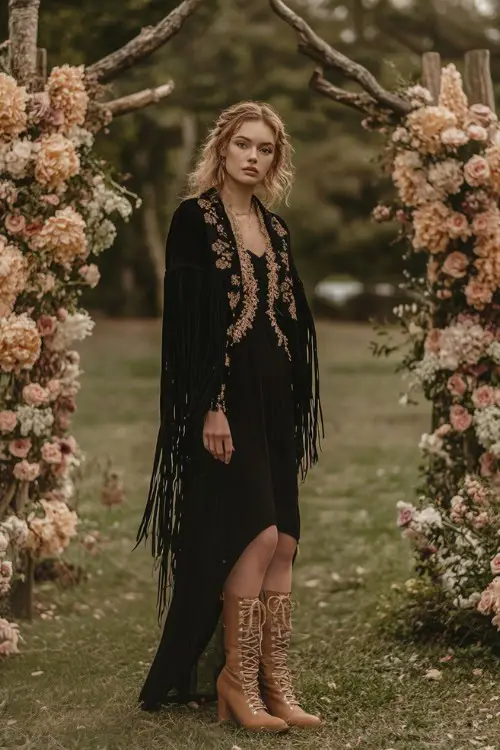 Woman in an elegant black maxi dress with a fringed shawl and tan boots, standing by a floral wedding arch in a garden