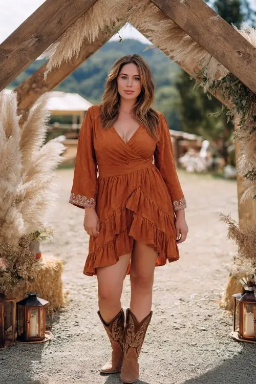 a curvy woman in a cinnamon suede wrap dress with tiered ruffle hem and embroidered cuffs