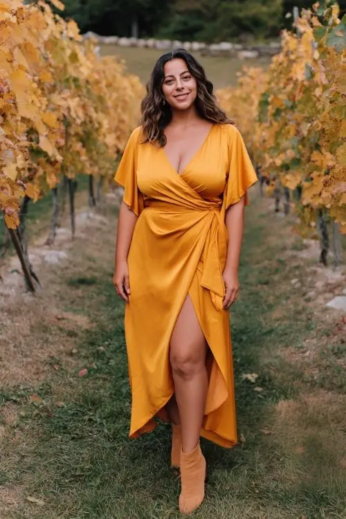a curvy woman in a marigold satin wrap dress with flutter sleeves and a high-low hem, paired with ankle boots