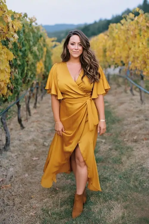 a curvy woman in a marigold satin wrap dress with flutter sleeves and a high-low hem, paired with ankle boots