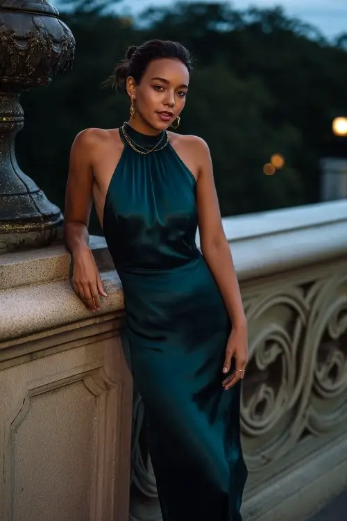a petite woman in a dark green high-neck satin gown with an open back