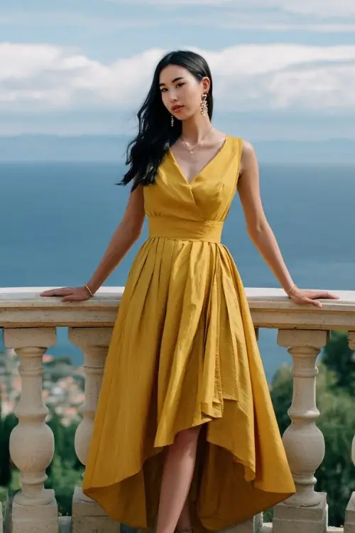 a petite woman in a mustard yellow high-low hem dress with pleated skirt