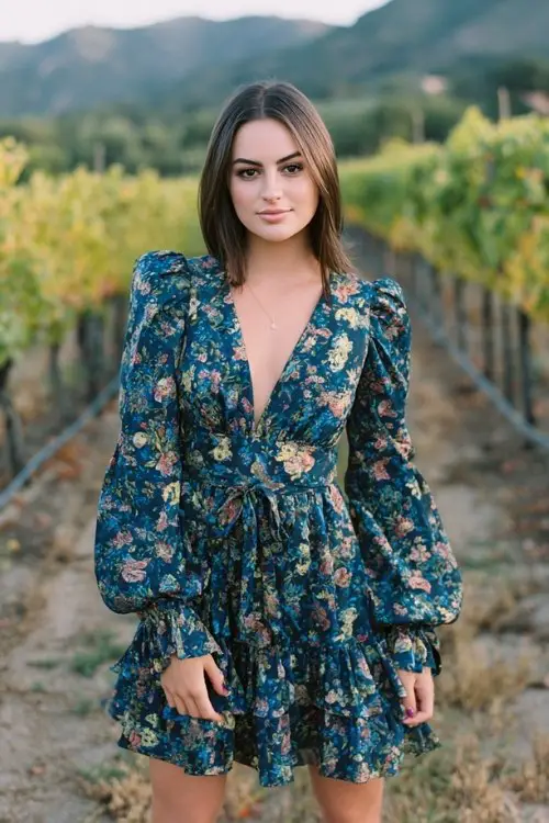 a petite woman in a navy floral print chiffon dress with ruffled hem and balloon sleeves