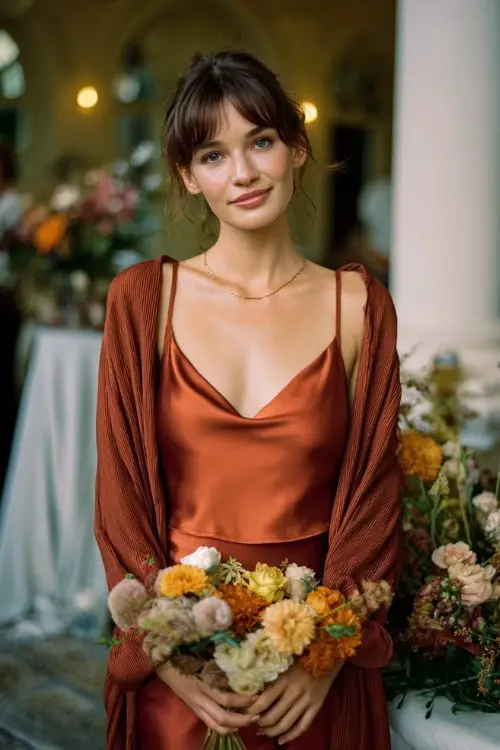 a petite woman in a rust-colored satin slip dress with a cropped cardigan