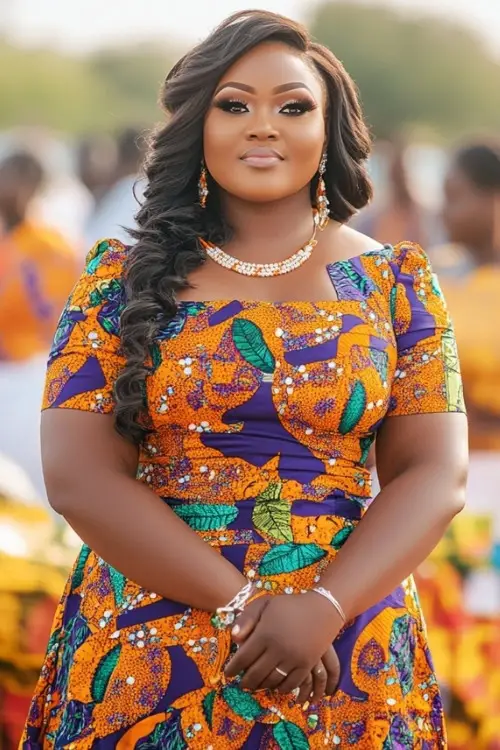 a plus size black woman wears a patterned wedding guest dress with short sleeves (2)