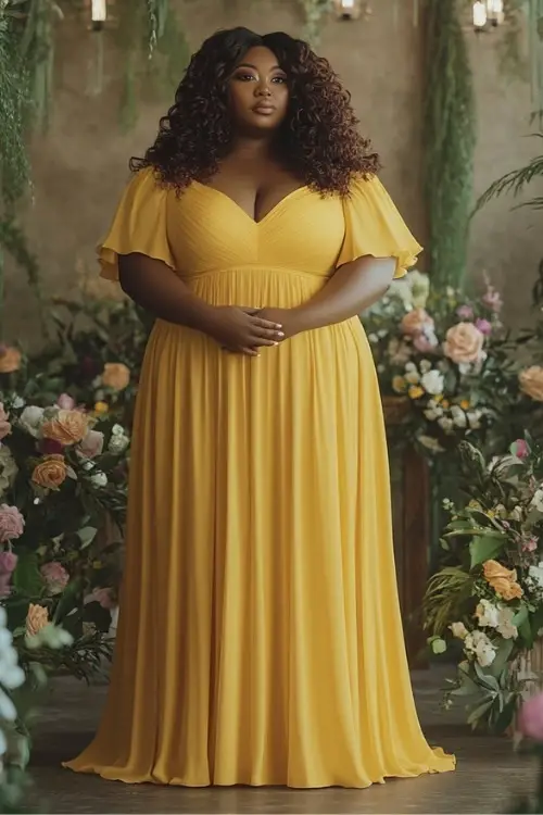 a plus size black woman wears a yellow wedding guest dress with flutter sleeves