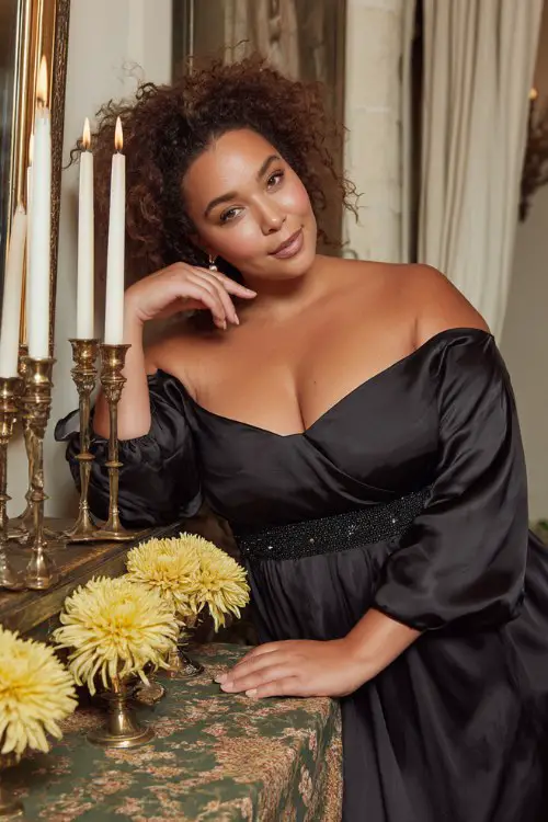 a plus size woman in a black satin A-line dress with beaded belt and off-shoulder neckline