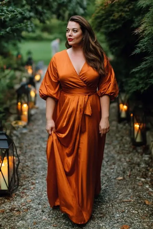 a plus size woman in a copper satin gown with wrap bodice and draped sleeves
