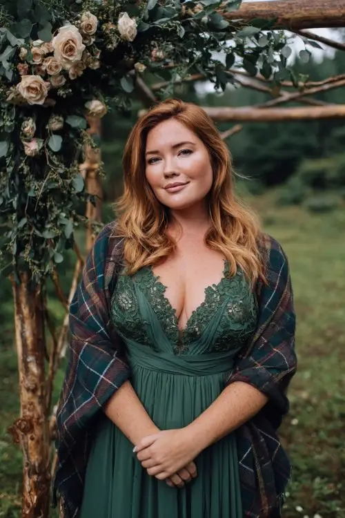 a plus size woman in a forest green A-line dress with embroidered bodice and chiffon skirt, wrapped in a tartan shawl