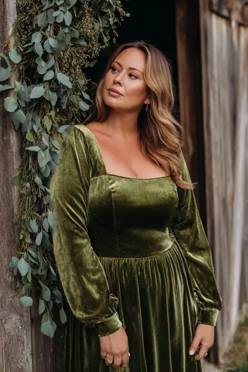 a plus size woman in a moss green velvet A-line dress with a square neckline and fitted bodice