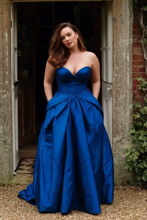 a plus size woman in a royal blue ball gown with a sweetheart neckline and dramatic skirt