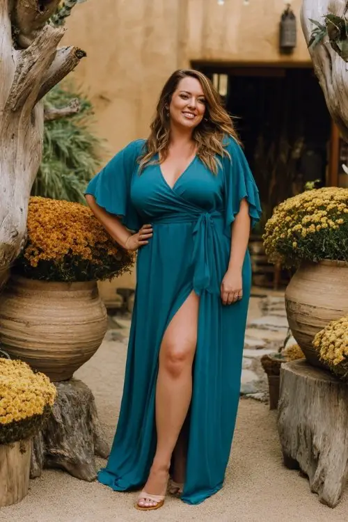 a plus size woman in a teal wrap maxi dress with flutter sleeves
