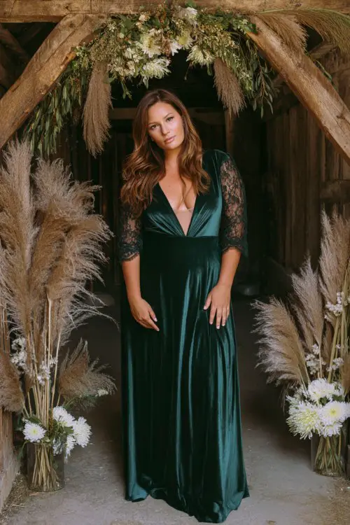 a plus size woman in an emerald green velvet fit-and-flare dress with lace inset sleeves (2)