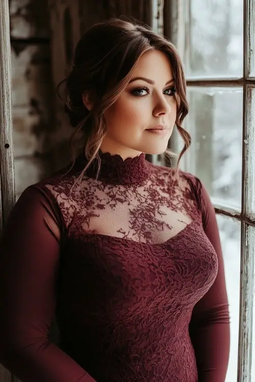 a plus size woman wears a burgundy lace wedding guest dress with a high neckline
