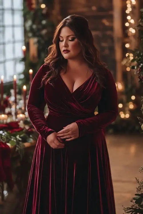 a plus size woman wears a burgundy velvet wedding guest dress with long sleeves