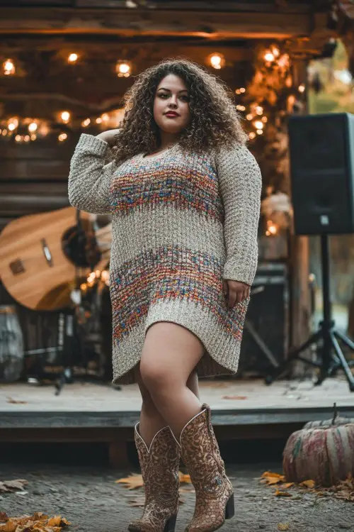 a plus size woman wears a gray sweater dress and cowboy boots