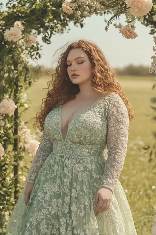 a plus size woman wears a green lace wedding guest dress with long sleeves