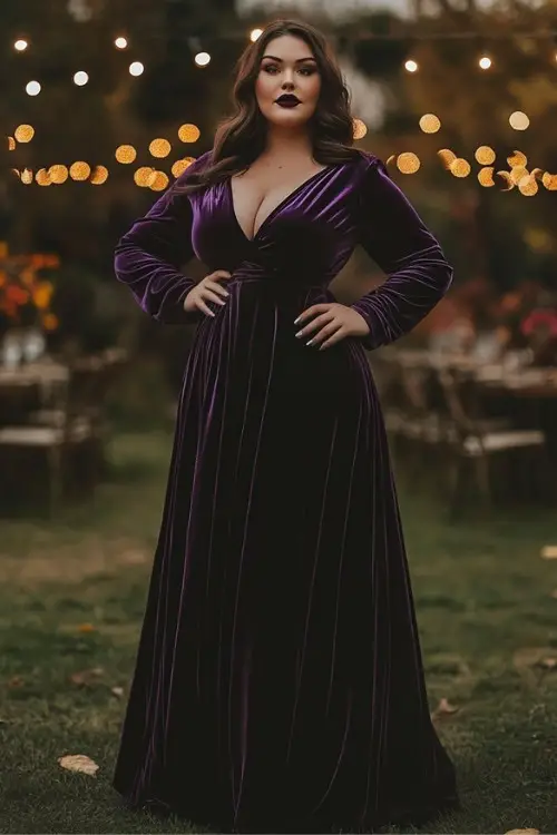 a plus size woman wears a purple velvet wedding guest dress with a plunging neckline