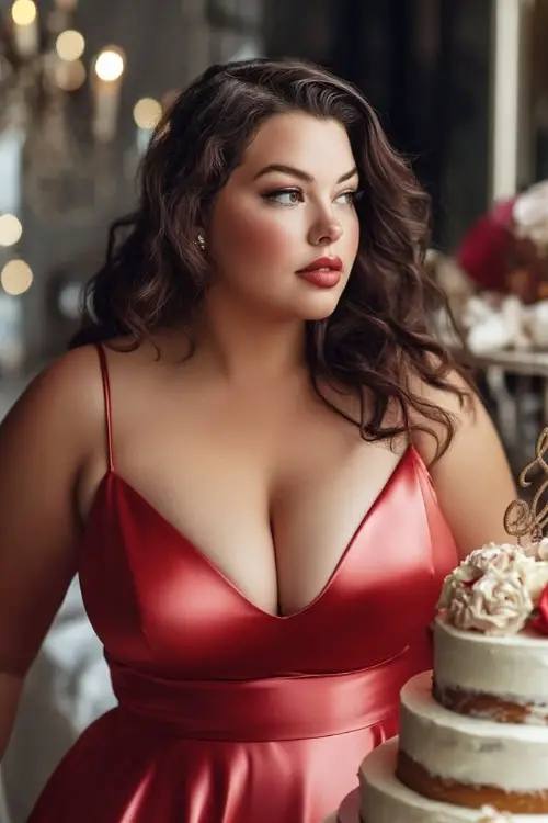 a plus size woman wears a red satin wedding guest dress with thin straps