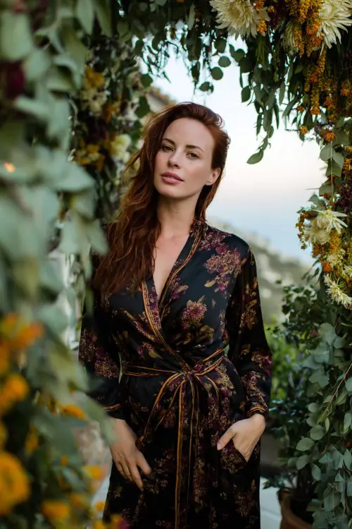 a woman in a black floral print wrap gown with hints of burgundy and gold, standing in a coastal garden