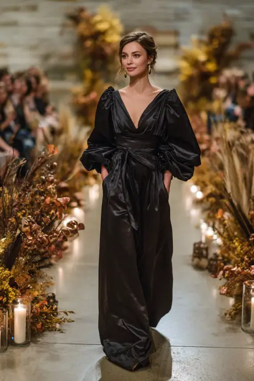 a woman in a black satin gown with dramatic puff sleeves and belted waist