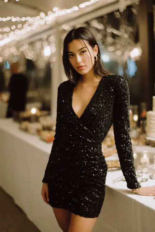 a woman in a black sequin cocktail dress with three-quarter sleeves and fitted silhouette