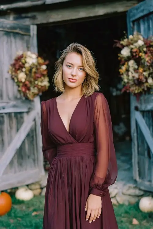a woman in a burgundy fit-and-flare dress with pleated skirt and sheer long sleeves
