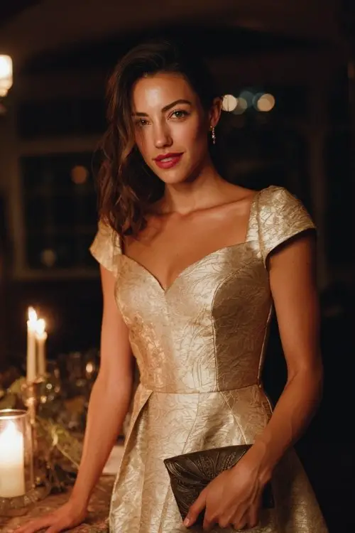 a woman in a champagne brocade knee-length dress with cap sleeves and a flared skirt, holding a clutch