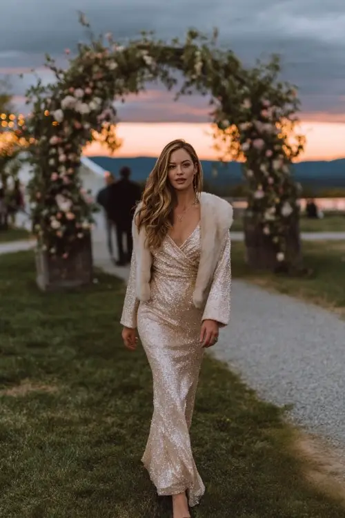 a woman in a champagne sequin wrap gown with bishop sleeves and a faux fur collar