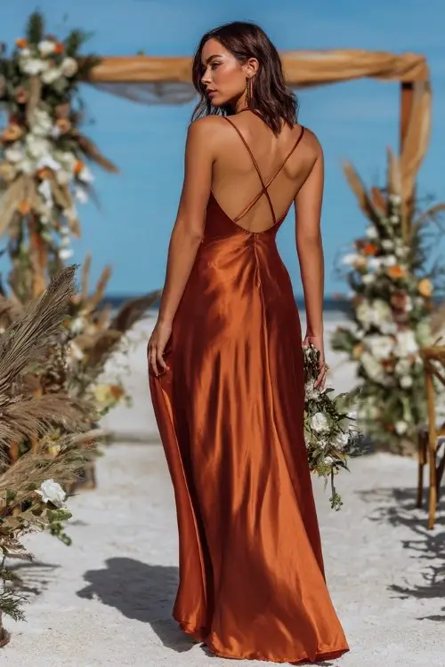 a woman in a copper satin A-line dress with crisscross back straps
