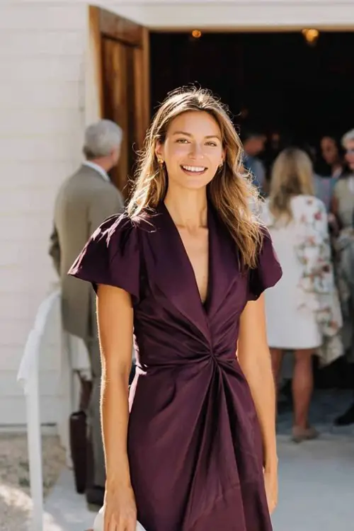 a woman in a deep plum knee-length dress with pleated skirt