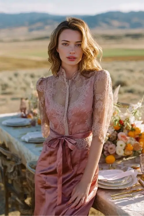 a woman in a dusty rose tea-length dress with lace overlay and satin ribbon waist