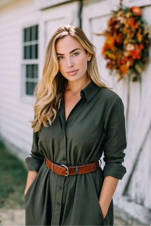 a woman in a forest green shirt dress cinched with a leather belt