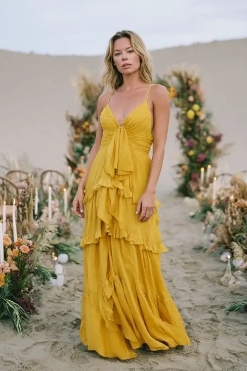 a woman in a goldenrod chiffon tiered gown with thin straps