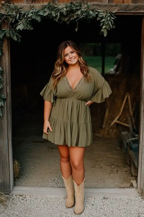 a woman in a short green dress cinched with a leather belt and beige suede cowboy boots