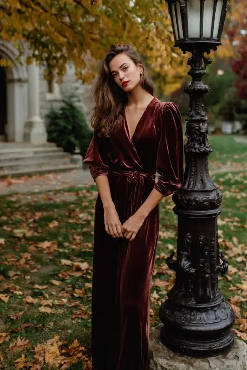 a woman in a wine-colored velvet wrap gown with bishop sleeves