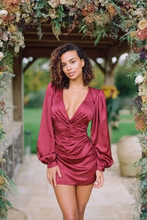 a woman in a wine-red satin wrap mini dress with puff sleeves