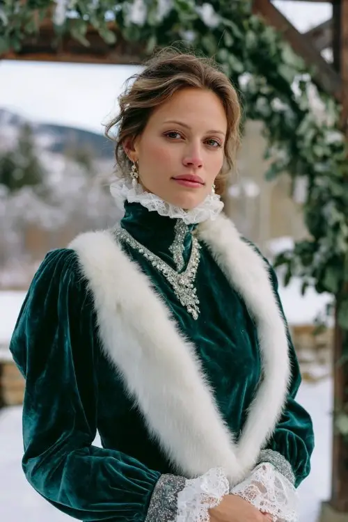 a woman in an emerald velvet gown with a dramatic high collar, lace-inset sleeves, and crystal-embroidered cuffs, draped in a white faux fur stole