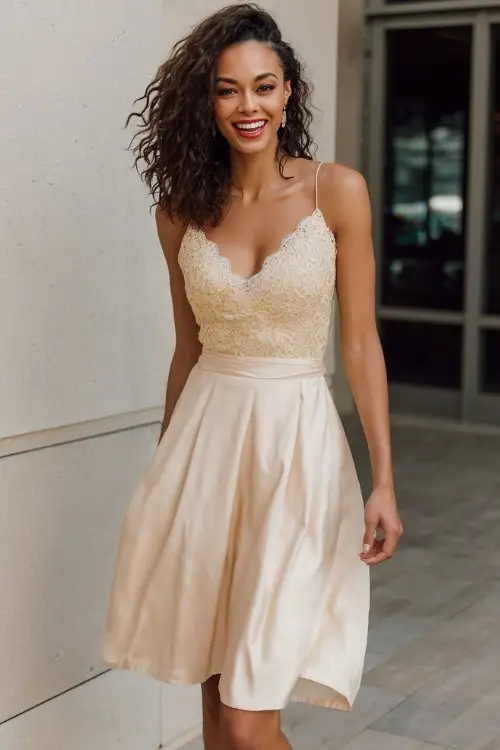 a woman over 30 in a champagne knee-length dress with lace bodice
