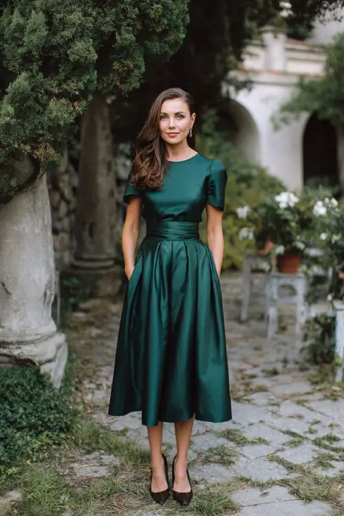 a woman over 30 in a pine green pleated midi dress with satin waistband