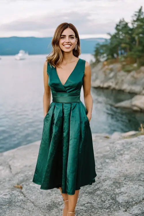 a woman over 30 in a pine green pleated midi dress with satin waistband
