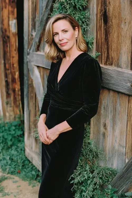 a woman over 50 in a black velvet midi dress with beaded cuffs, posing beside a rustic wooden barn door decorated with greenery