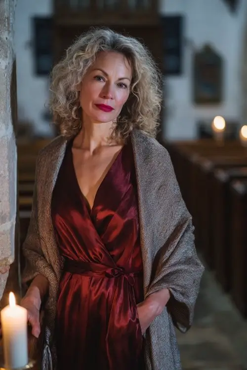 a woman over 50 in a burgundy satin A-line dress with a belted waist, wearing a light wool shawl