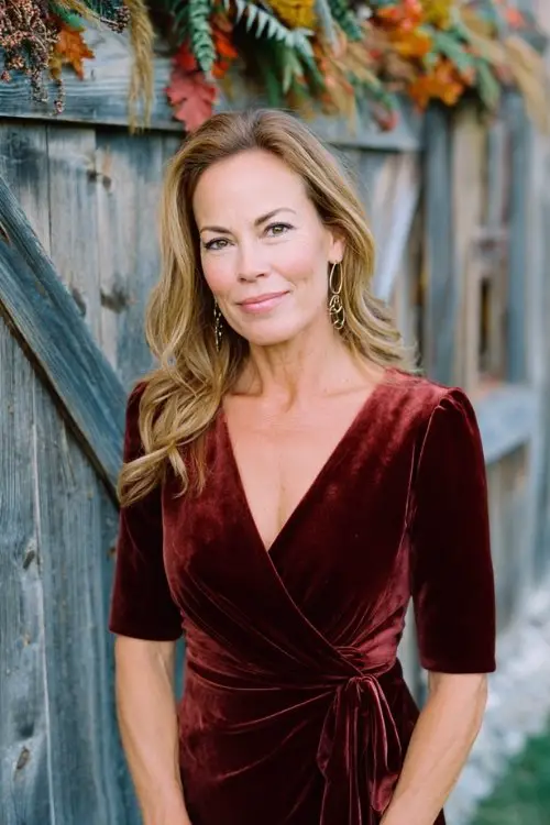 a woman over 50 in a burgundy velvet cocktail dress with three-quarter sleeves